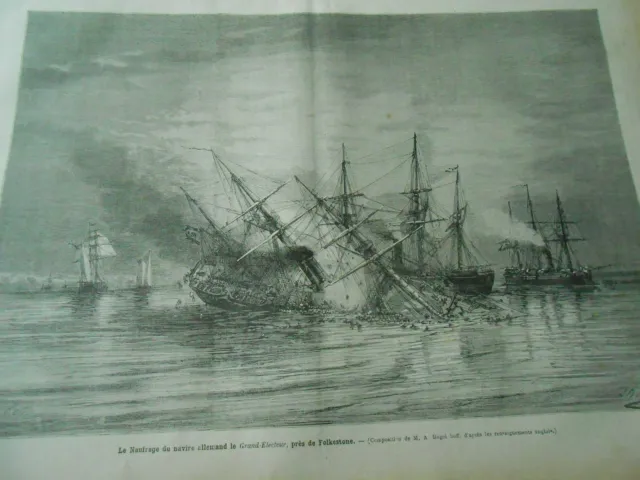1878 engraving - The Shipwreck of the German Ship The Grand Elector near Folkestone