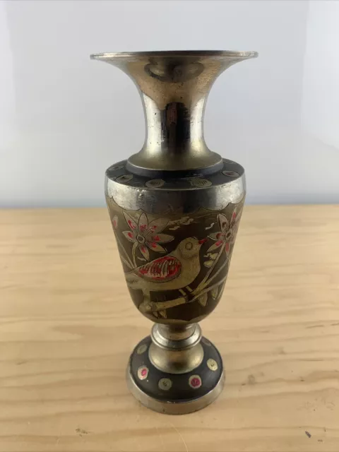 Vintage Solid Brass Floral Hand Etched Painted Vase 8'' Tall Made In India.