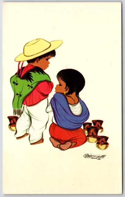 Vintage Postcard Mexico Tipico Typical Mexican Views Artist Signed children