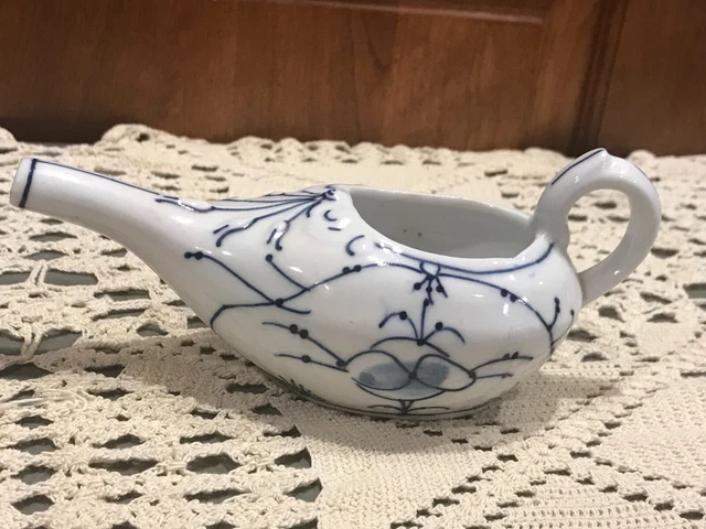 Antique Medical Porcelain Invalid/Infant Feeder Pap Boat Aladdin Blue Design