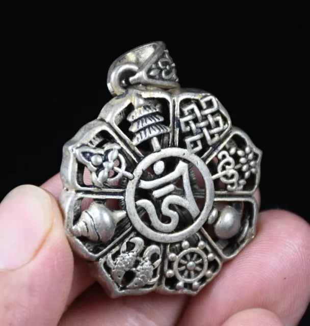 4 cm Rare Chinese Old Miao Silver Feng Shui Buddhist Eight Treasures Pendant