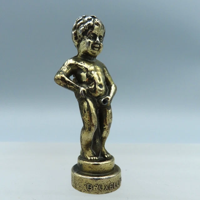 Antico Miniatura Ottone Figura Manneken Pis Bruxelles Belgio Souvenir Statua