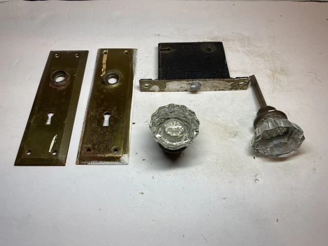 Antique 12 Point Crystal Glass Brass Tone Door Knob Set W/ Backplates Mortise