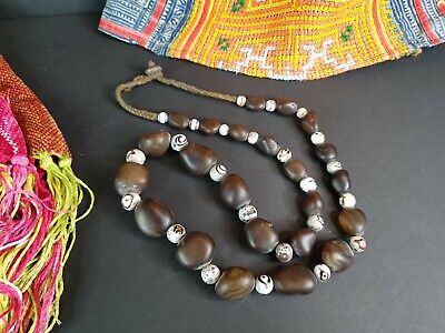 Old Nagaland Tribal Necklace Transparent River Stone & White & Blue Beads
