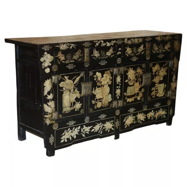 19Th Century Antique Chinese Chinoiserie Floral Painted And Lacquered Sideboard