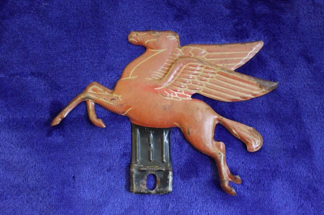Vintage Pegasus Flying Red Horse Mobil License Plate Topper Sign Accessory Badge