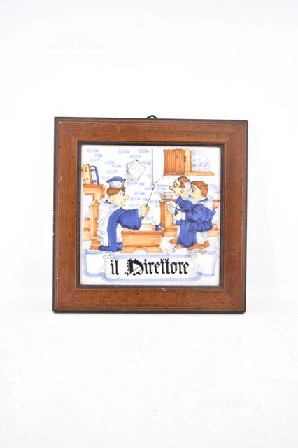 Quadro In Ceramica Con Cornice In Legno Dipinto A Mano Il Direttore 26x26 Cm