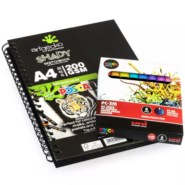 Artgecko A4 Shady Bocetos Negro Tarjeta - 200gsm 40 Hojas + PC3M Pastel Set De 8