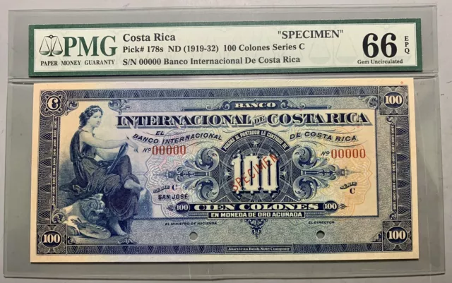 Costa Rica 1919 100 Colones Pk178s / Beautiful Color Specimen / PMG 66EPQ