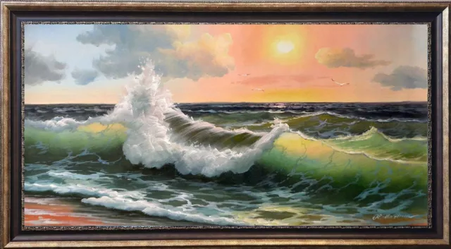 Extra large seascape "Atlantic ocean surf" listed artist oil painting on canvas
