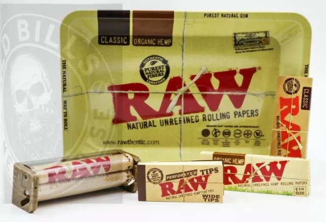 RAW Classic Organic 1 1/4 Rolling Paper Tray Bundle 5 Total Items - Starter Kit