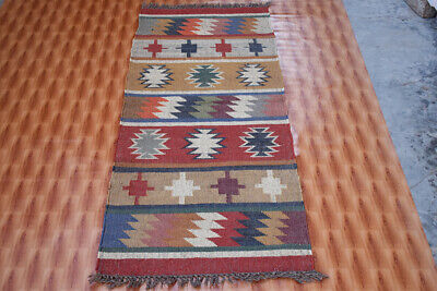 Alfombra Kilim 75x180 cm tradicional rústica hecha a mano telar tejido yute lana geométrica