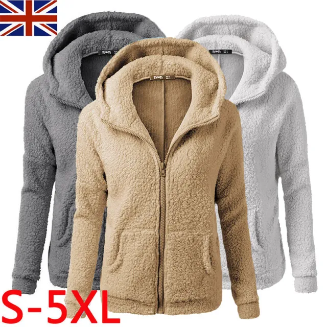 Women Teddy Bear Fleece Fluffy Hooded Coat Ladies Zip Up Jacket Outwear UK NEW