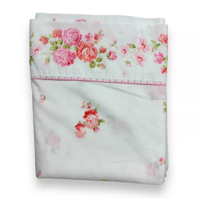 Vtg JC Penney Fashion Manor Muslin White w Pink Rose Flower Double Flat Sheet