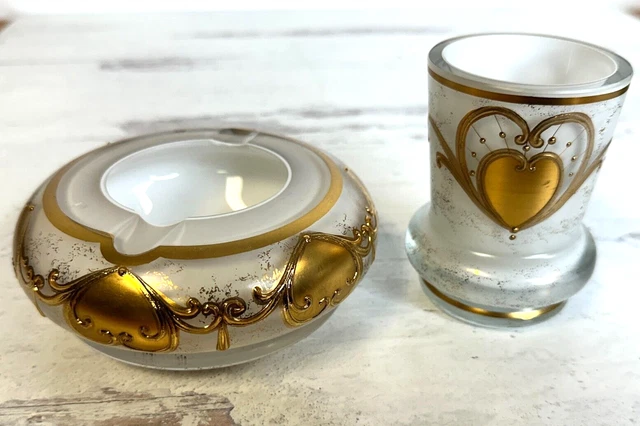 Set of Vintage Czech Bohemian Milk & Gold Gilt Glass Heart Ashtray & Holder Cup