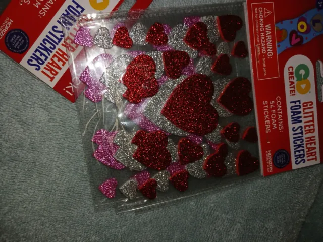 Glitter Pink Silver Red Foam Valentine Heart Stickers & Hallmark Treat Bags.