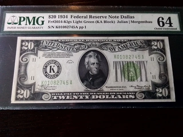 1934 $20 DALLAS Federal Reserve Note FR#2054-K LGS  ~ PMG Uncirculated 64EPQ ~