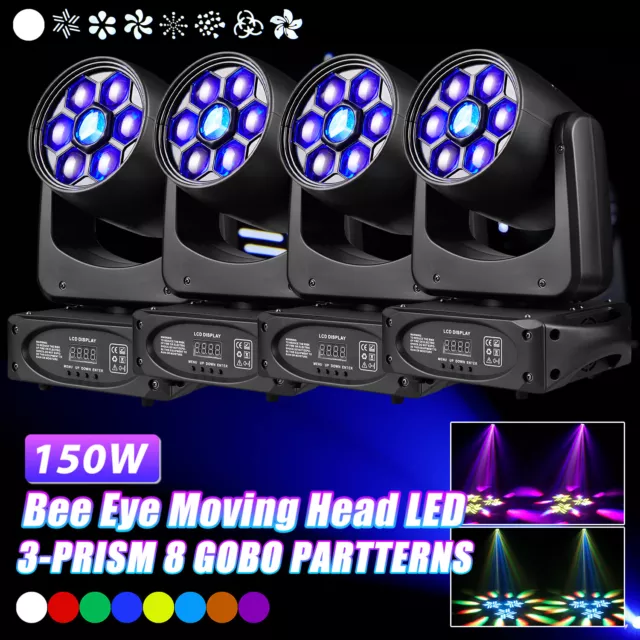 4X 150W 8 Gobo 3 Prisma LED Disco DMX Bühnenlicht Beam Moving Head RGBW Strahler