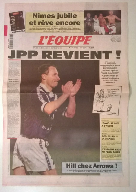 L'EQUIPE N°15.676 DU 28/09/1996 - JPP revient / Hill chez Arrows / Essai Ford Ka EUR 14,00