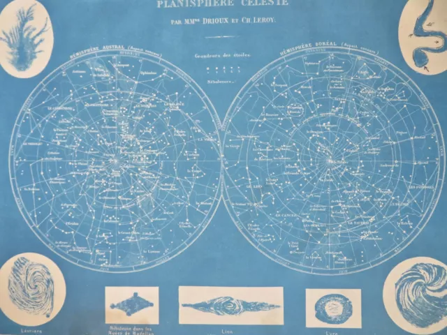 Northern & Southern Night Sky Crab Nebula Constellations 1890's Belin map