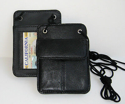 Black Genuine Leather ID Card Badge Holder Neck Strap Pouch Passport Card Wallet 3