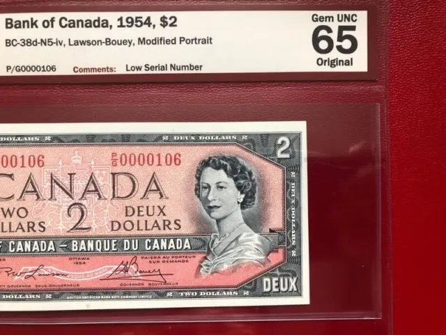 1954 Bank Of Canada $2 BC-38d-N5-iv “Low Serial Numbered Note” BCS GEM UNC65