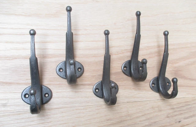 5 X HAND FORGED STYLE- cast iron vintage old English hat & coat hook hanger
