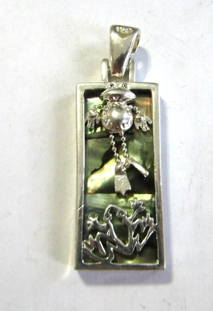 Paua Abalone Shell Frog Pendant Silver Plate Large
