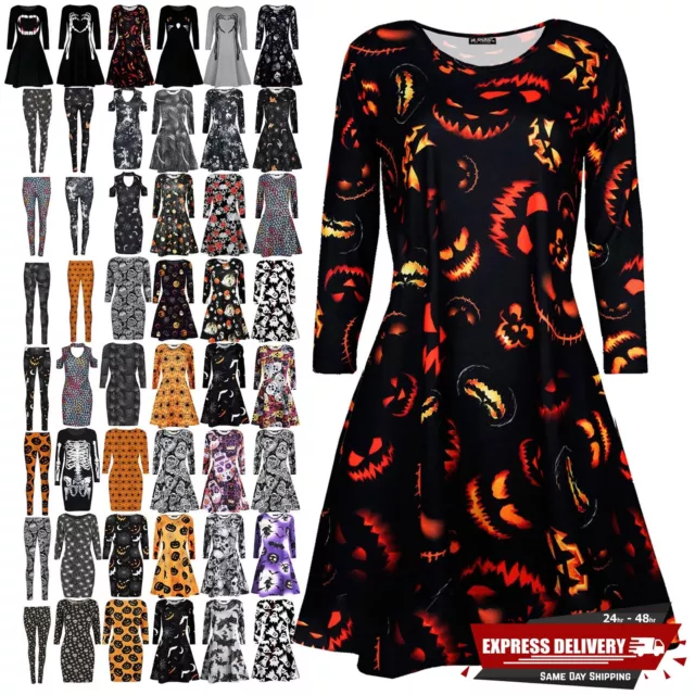 Womens Ladies Halloween Skull Scary Web Spider Cat Round Neck Flared Swing Dress