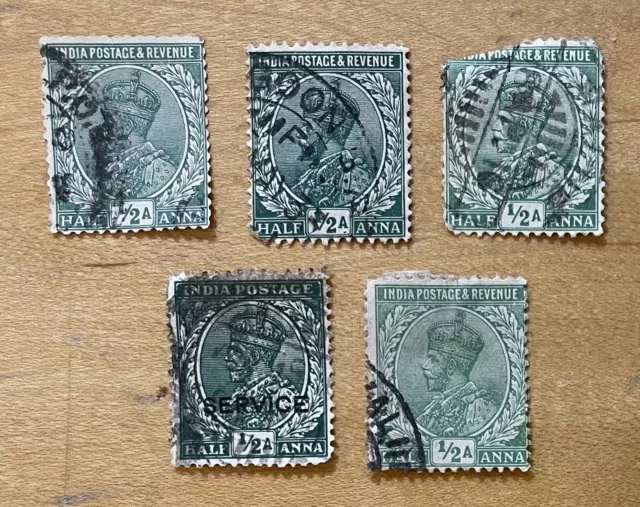 India Postage Stamp 1911-1911 Lot Of 5 King George V Half Anna Used