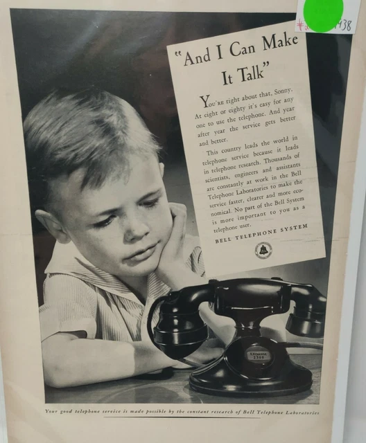 1938 Bell Telephone System Small Boy Stares at Phone Vintage Print Ad