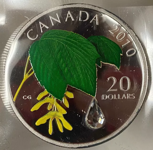 Canada Fine Silver 20 Dollars 2010 Maple Leaf With Crystal Raindrop