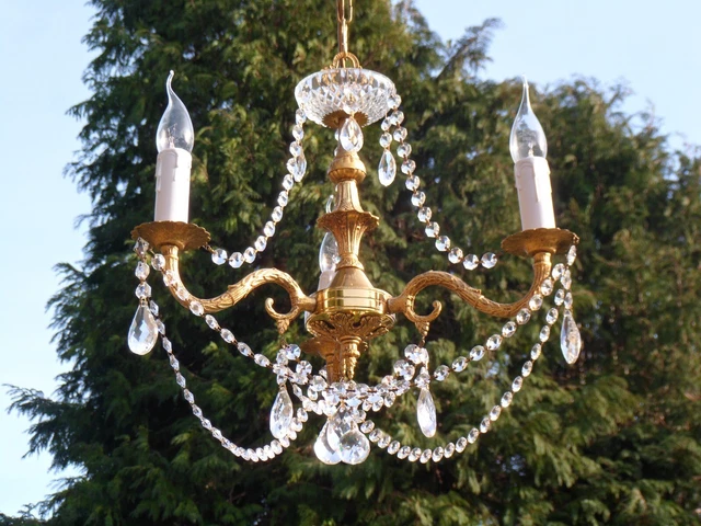 Lovely, Fancy French Style Vintage Gilt Brass Chandelier Crystal Drops *REWIRED*