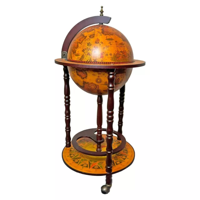 Beautiful Globe Wine Luarane Bar Stand Wood Liquor Bottle Shelf Cart 35” Tall