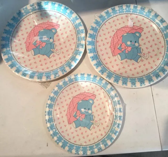 Vintage 1970s Paper Art Baby Shower Plates 3 Pkgs New Blue Teddy Bear
