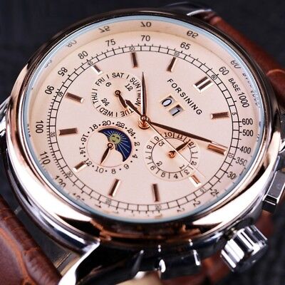 Automatic Mechanical Watch Mens Luxury Moon Phase Leather Strap Analog Dial Date