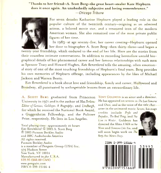Kate Remembered by A. Scott Berg (2003, lot de 8 CD non abrégé) lecteur Tony Goldwyn 2