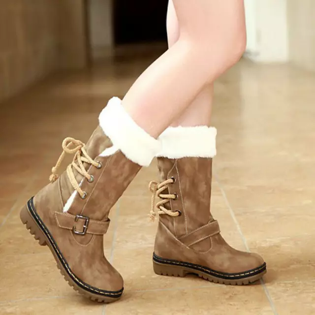 Women's Lace Up Mid Calf Snow Boots Faux Fur Lined Buckle Winter Warm Shoes