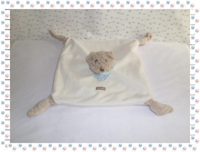 I - Doudou Semi Plat Carré Ours Beige Blanc Bandana Bleu Absorba