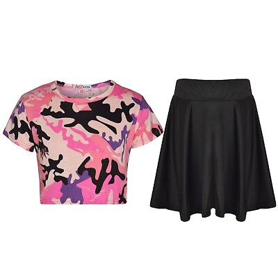 Kids Girls Baby Pink Camouflage Print Crop Top & Fashion Skater Skirt Set 5-13Yr