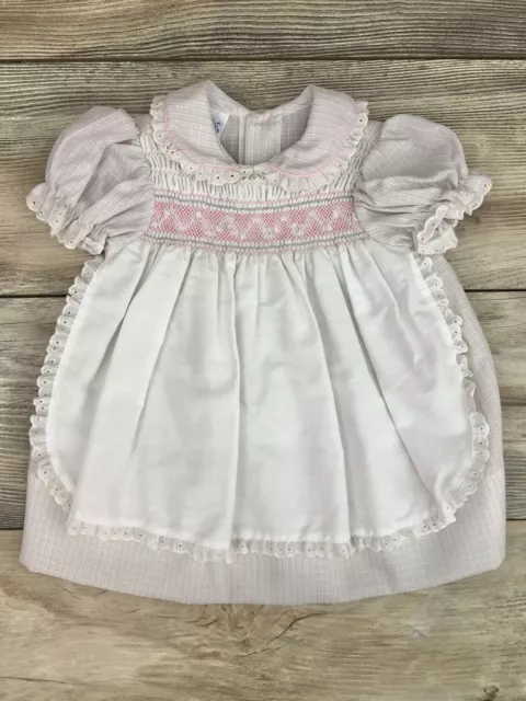 Vintage Polly Flinders Baby Dress White Pink Smocked Size 24 Mo