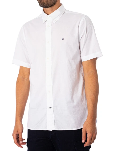 Tommy Hilfiger Uomo Camicia a maniche corte in popeline flessibile, bianca