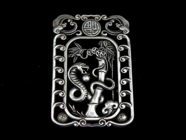 Tibetan Silver Highly Detail Crafted Pendant Zodiac Snake w/ Bats Blessing FU
