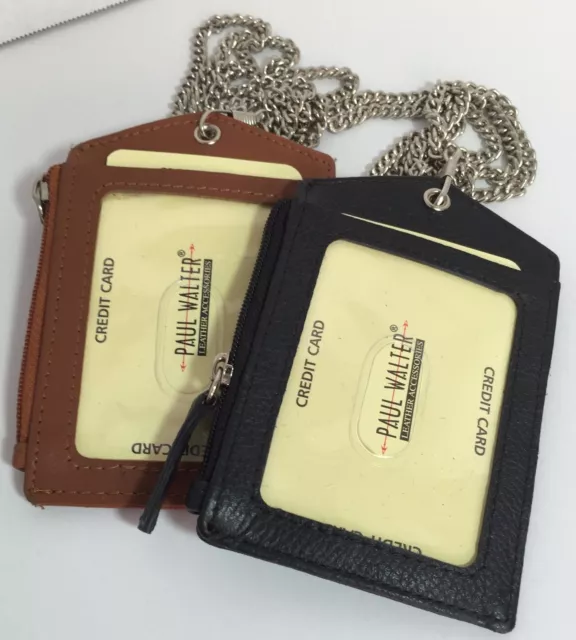 Set Of 2 Leather Id Badge Holder Zippered Lanyard With Neck Chain 3 Cards Slot