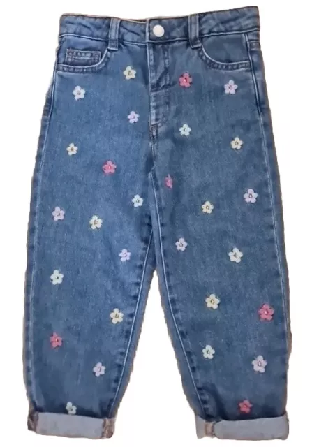 Denim & Co Girls Relaxed Mid Rise  Jeans Aged 4-5 Years With Embroidered Daisy's