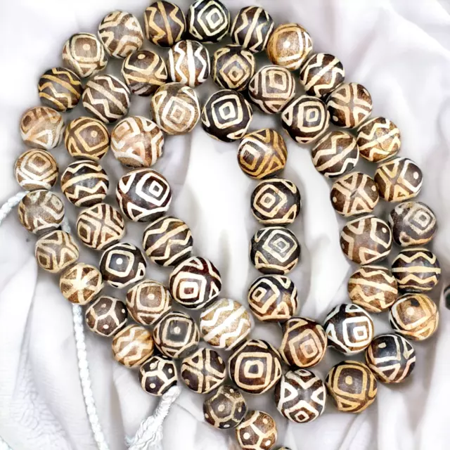Asian Burmese Old Pumtek petrified Wood Stone beads Long necklace rare pattern