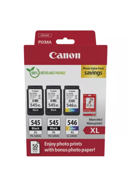 Canon PG-545XL x 2 / CL-546XL High Yield Genuine Ink Cartridges, Pack of 3 (2 x