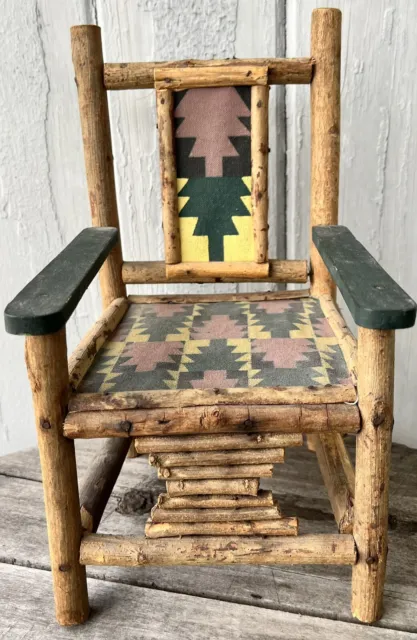 Old Rustic Wood Twig Stick Doll Chair, only 1 on eBay, Silk Screened Seat & Back