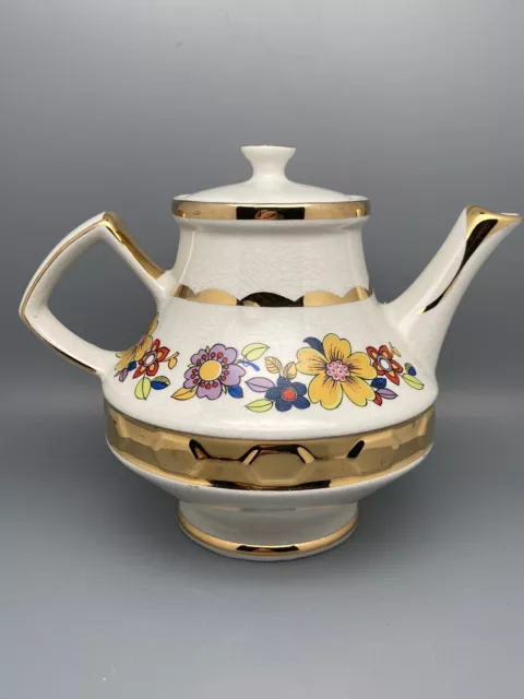 Vintage 8" Gibson Staffordshire England Teapot W145 Bright Flowers Gold Gilding 3