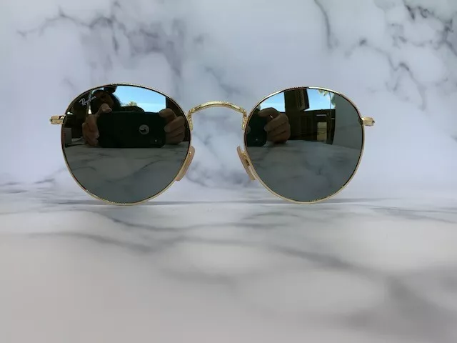RAY-BAN ROUND SUNGLASSES RB3447 001/30 Gold Frame/Silver Mirror Lens ...